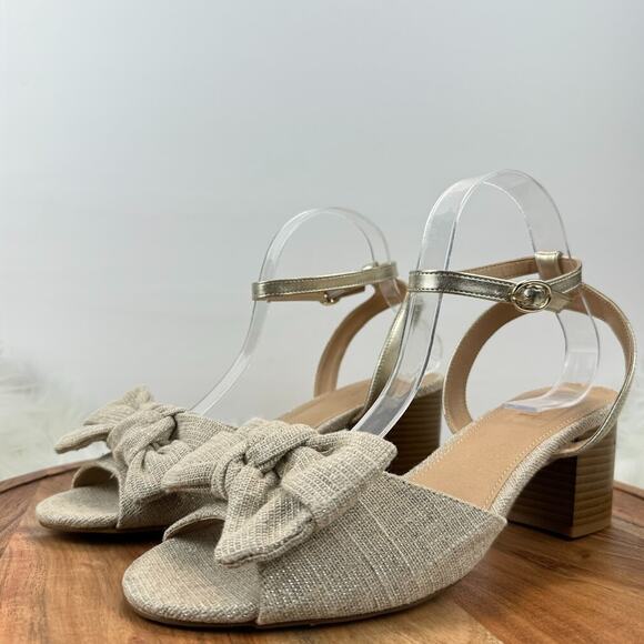 LOFT Beige Woven Bow Block Heel Ankle Strap Sz 9.5M Sandals Gold Shimmer Party - Picture 2 of 12